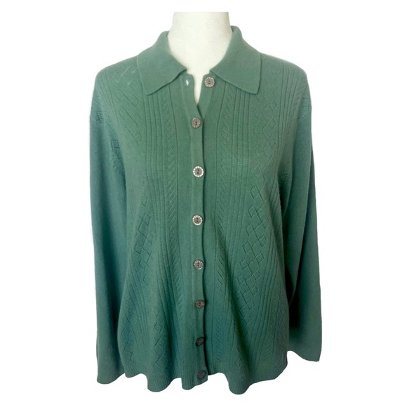 VINTAGE Koret Knit Sweater | Petite Large Mint Sage Green Collared Cardigan - Picture 2 of 5